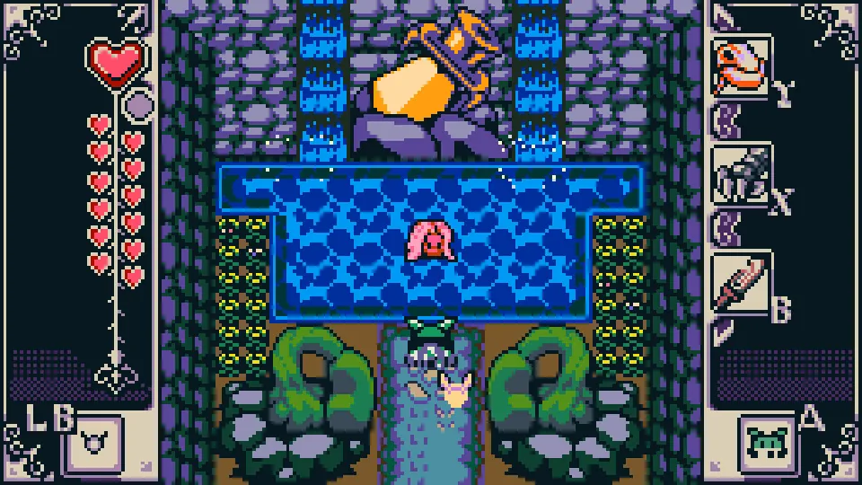Lief and their fairy companion exploring a blue-water shrine in Isle of Reveries